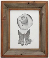 Little Cowboy Sketched Print in Barn Wood Frame