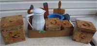 3 piece wood canister set, crock pot, misc.