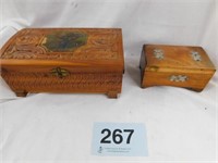 Two cedar boxes, 1 w/ mirror, carved top & sides