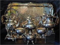 Silver on Copper Tea & Coffee Serving Set w/ Tray