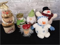 Snowman stuffies and Christmas decor boxes