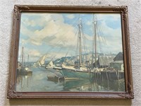 Framed harbor scene vintage