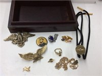 Eagle Ring, Pins, Necklace In Wooden Box See Pic's