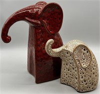 (2) Whimsical Elephant Figurines in Red & White