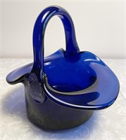 Heavy cobalt blue art glass basket
