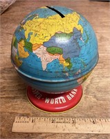 Vintage tin litho globe bank