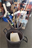 3 Trash Cans W/ Assorted Cleaning Tools.