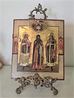 Wooden Religious Art w/Brass Stand