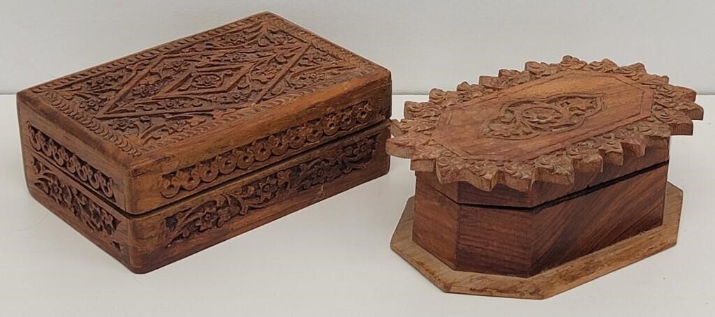 (2) Carved Wood Trinket Jewelry Boxes