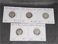 Lot of 5 Mercury Dimes: 1940, 1941, 1941 S, 1942