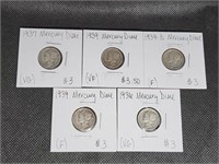 Lot of 5 Mercury Dimes: 1937, 2- 1939, 1939 D, &
