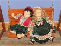 (2) Porcelain Collectors Dolls on Wooden Swing -