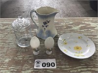 GLASS EGGS, PITCHER, COVERED DISH