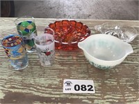 KENTUCKY DERBY GLASSES, PYREX, AMBERINA ASHTRAY,