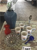 MUGS, VASE, LAMP BASE, AMBERINA VASE