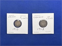 Canada 1913 Nickel & 1918 Dime