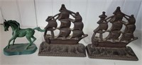 Metal Ship Bookends and Horse Figurine