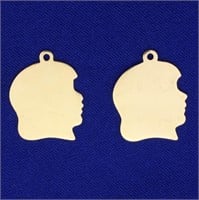2 Girl Silhouette Pendants or Charms in 14K Yellow