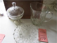 Glass Pitcher, candy dish, & plate