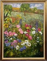 Signed Rick 1987 Large Oil On Canvas Garden Scene