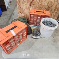 Plastic storage drawers, 3" Spiral nails, etc