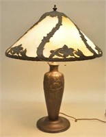 Antique Floral Slag Glass Panel Lamp.