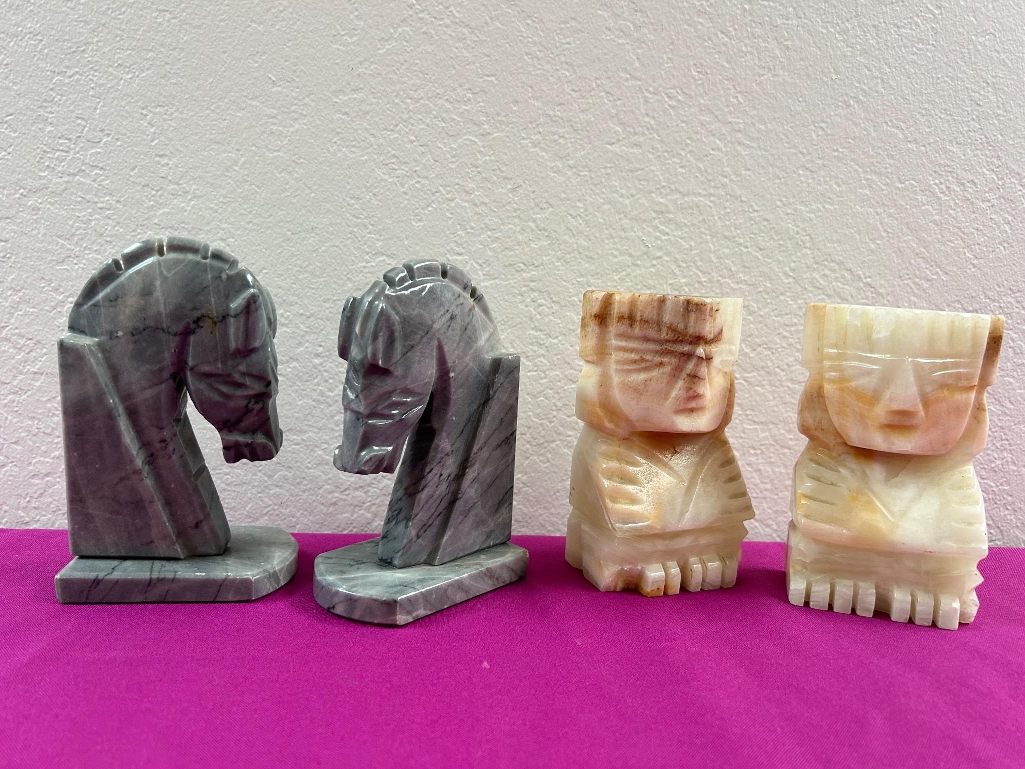2 Sets Carved Stone Horse / Mayan Bookends