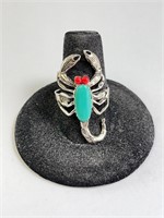 Sterling Turquoise/Coral Lobster Ring (Unique) 5 G