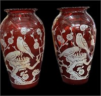 Pair 9 “ Ruby Bird Design Vases