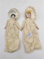 2 Antique Style Porcelain Dolls in Lace Gowns