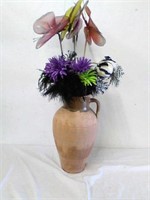 18" clay vase with flowers, feathers and