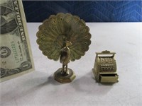 (2) Brass 4" Peacock & 2" Cash Register Miniatures