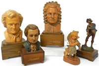 lot of 5 wooden figures, 3 are music boxes