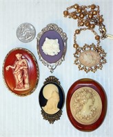 5 Cameo Jewelry Pieces 4 Pins 1 Necklace Cats