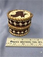 Hand made round container, with porcupine quill de