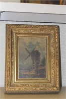 19th century oil on wood painting of wind mill