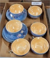 FLAT OF CERAMIC BLUE & ORANGE TEA CUPS W/ SAUCERS