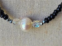 freshwater pearl necklace w/obsidian & crystals