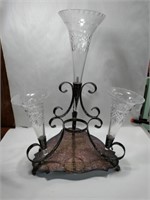 Silver plated stand with four cut crystal flutes