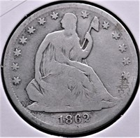 1862 S SEATE D HALF DOLLAR G