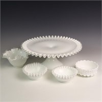 Vintage milk glass ruffled top bowls and cake plat