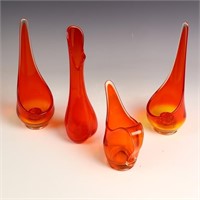 Four Mid Century orange art glass vases and candle