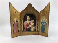 Vintage 6" carved wooden triptych, gilt wood