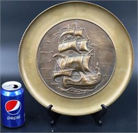 Vintage Brass Wall Plate w Sailing Ship