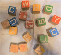 17 vintage wood blocks w/stamps on one side