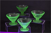 Four Vintage Green Vaseline Glass Dessert Cups