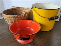 Red Ceramic Colander, Yellow Enamel Bucket and