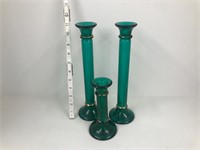 3 Green Teal Glass Candlestick Holder w/Gold Bands