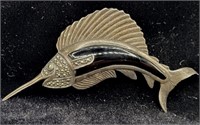 Sterling .925 Onyx & Marcasite Sword Fish Brooch