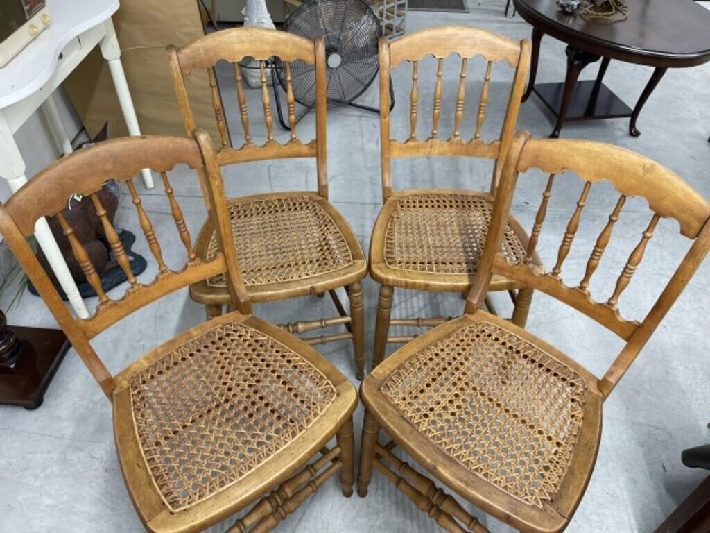 Set Of Four Wood Chairs With Caned Seats